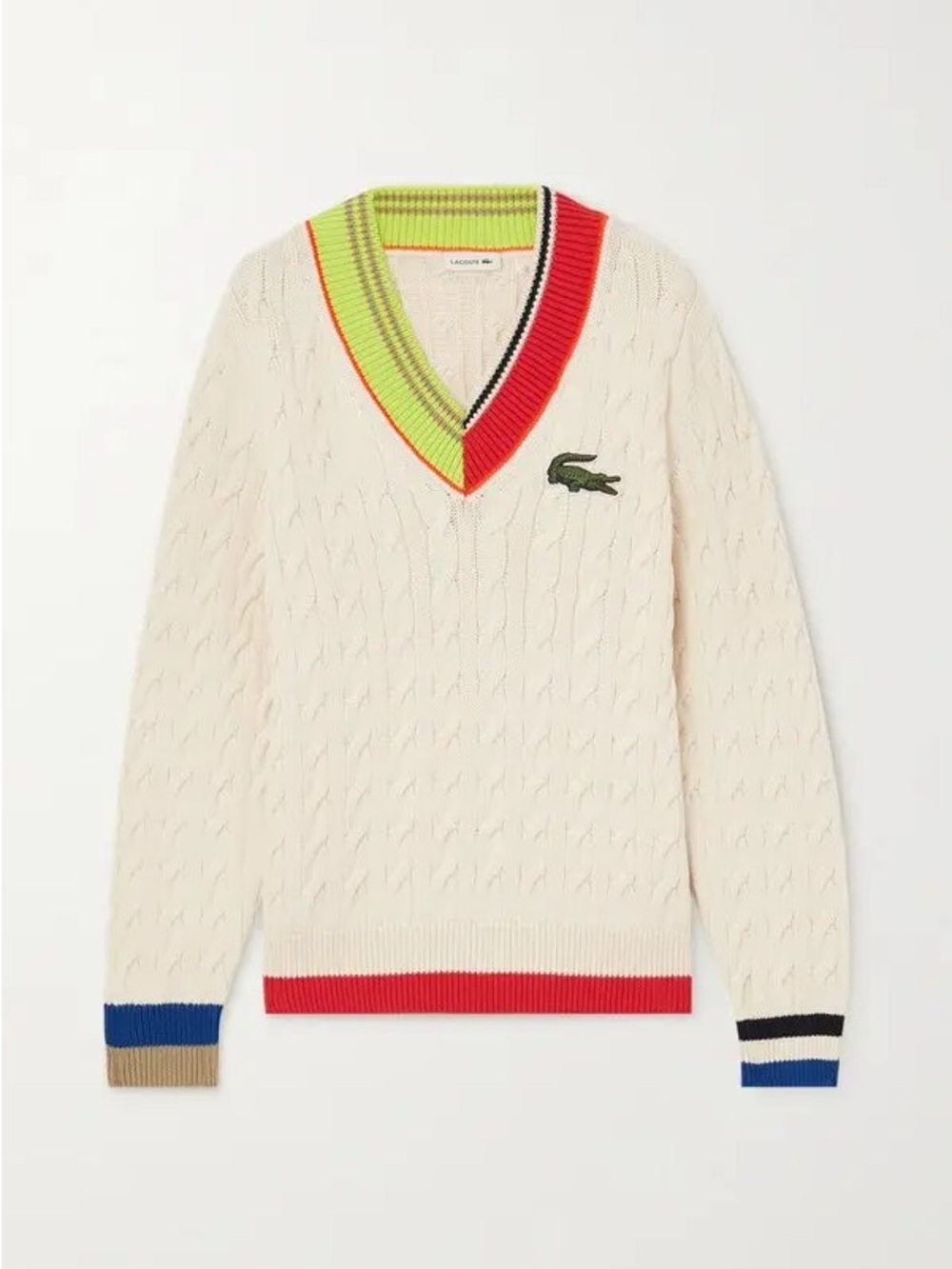 Lacoste Cream Cable-Knit V-Neck Sweater